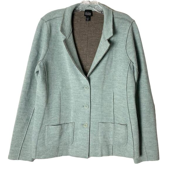 NWOT EILEEN FISHER Jacket Women M Blue Felted-Merino-Wool Raw-Hem Pocket 3-Btn - Picture 1 of 6